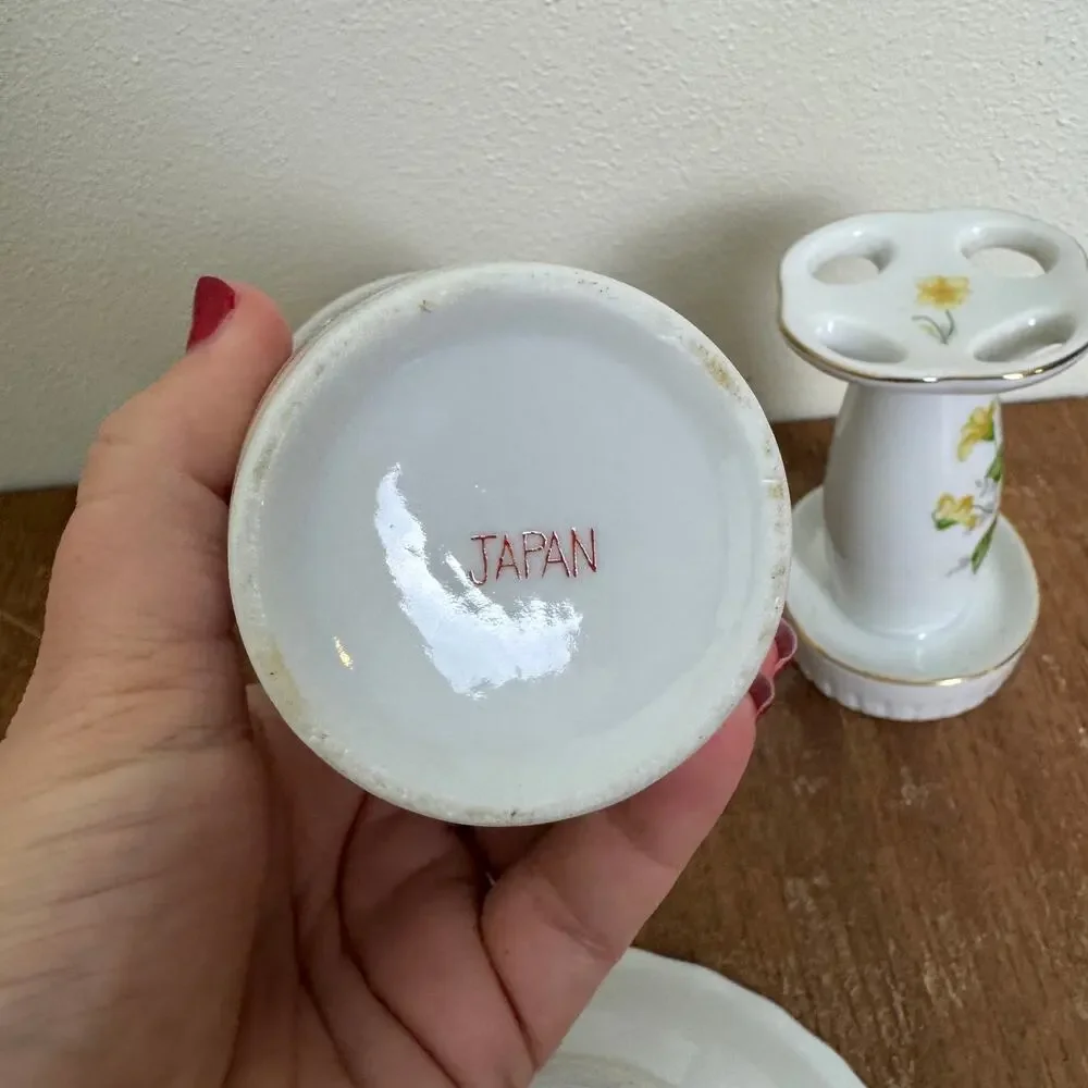 Vintage‎ Japan Porcelain 3pc Bathroom Set Yellow Floral Gold Trim Shell Dish Cup